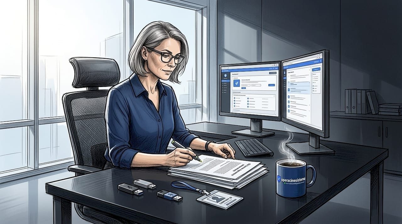 IT manager reviews OS license agreements in office