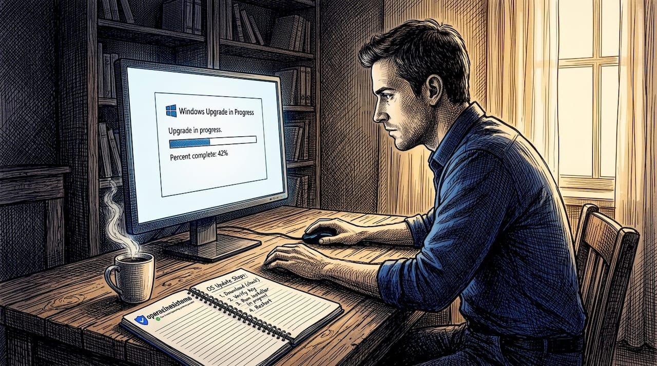 Man performing Windows upgrade at home desk