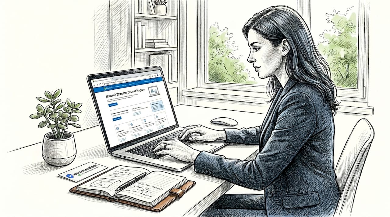 Employee verifying Microsoft home use program eligibility on laptop