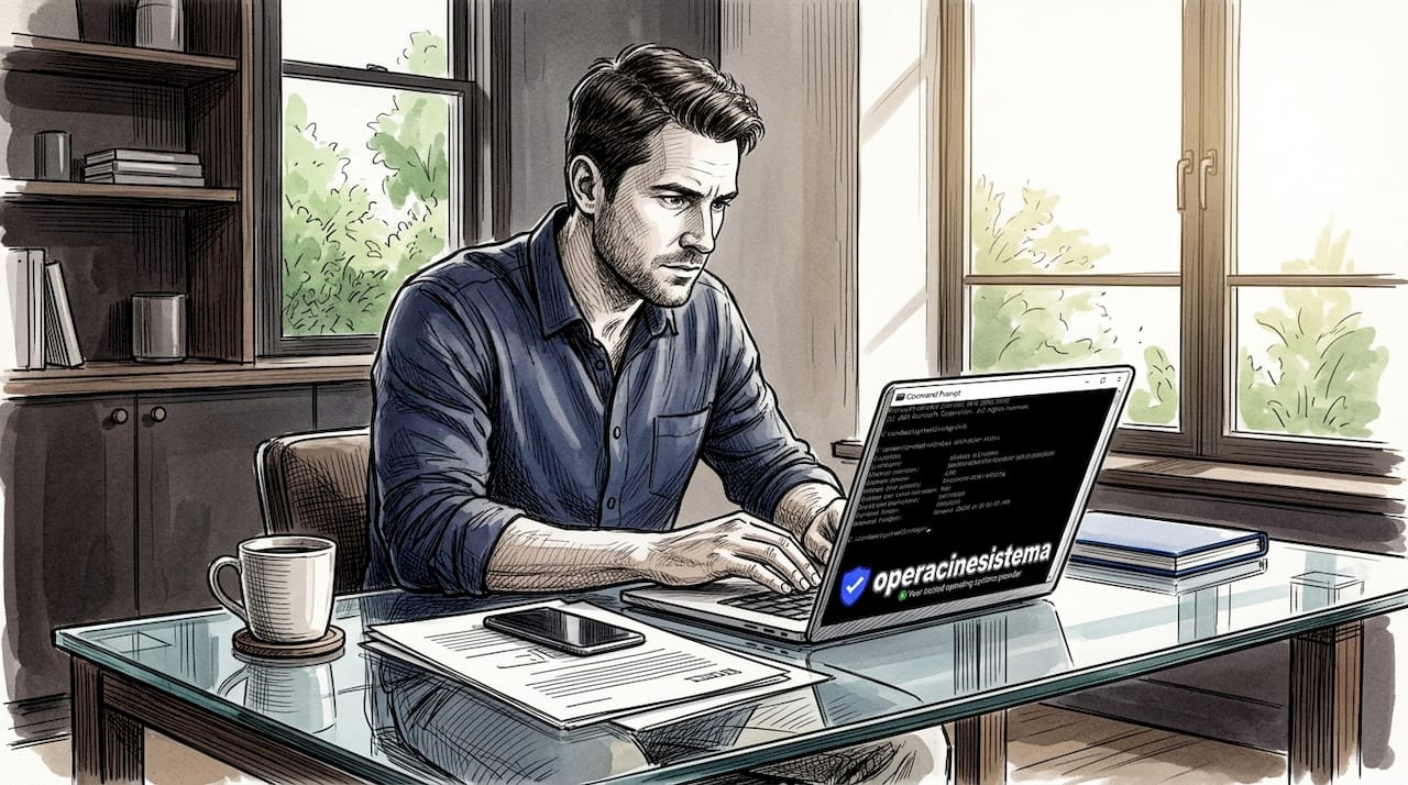 Man checking Windows license on laptop screen