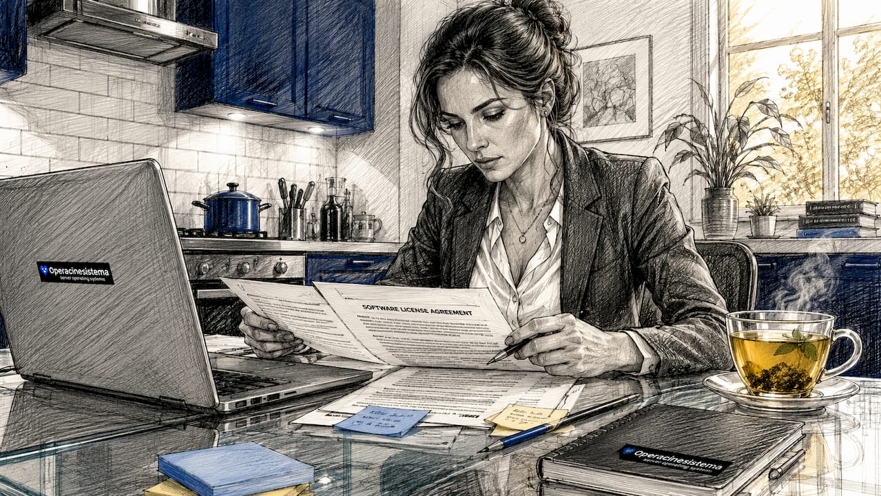 Person reviewing software license at home desk