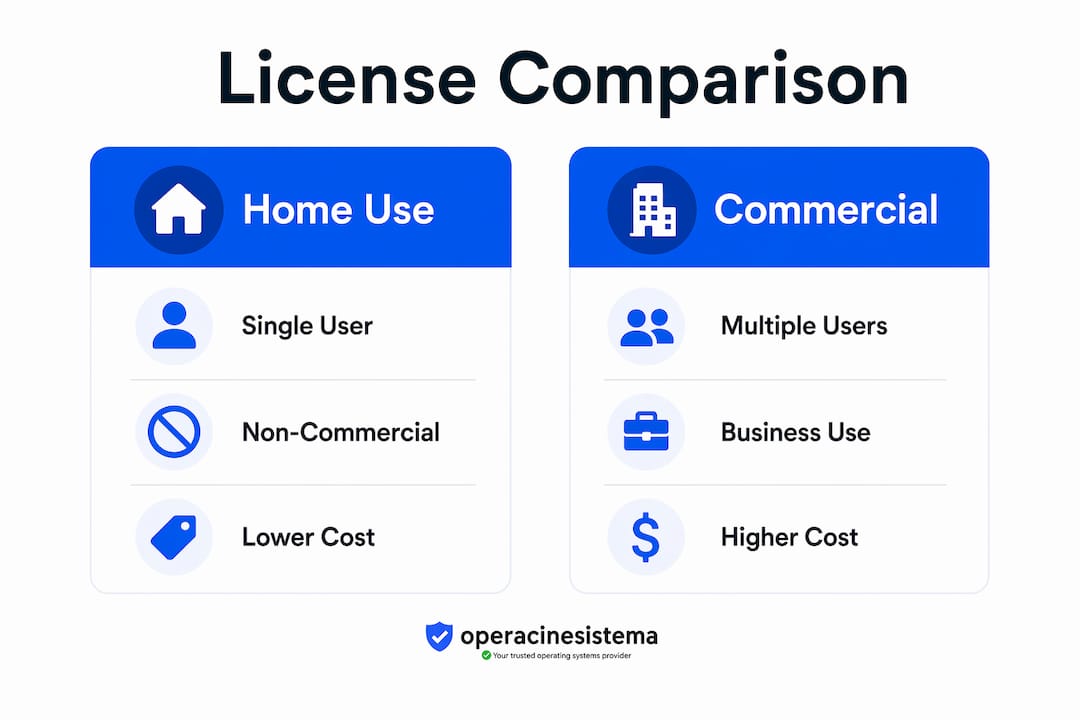 Infographic comparing home use and commercial licenses