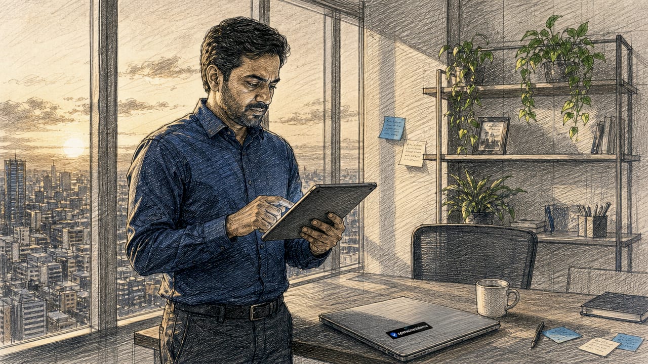 IT professional reviewing security software on tablet