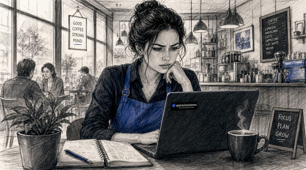 Small business owner monitoring laptop for issues