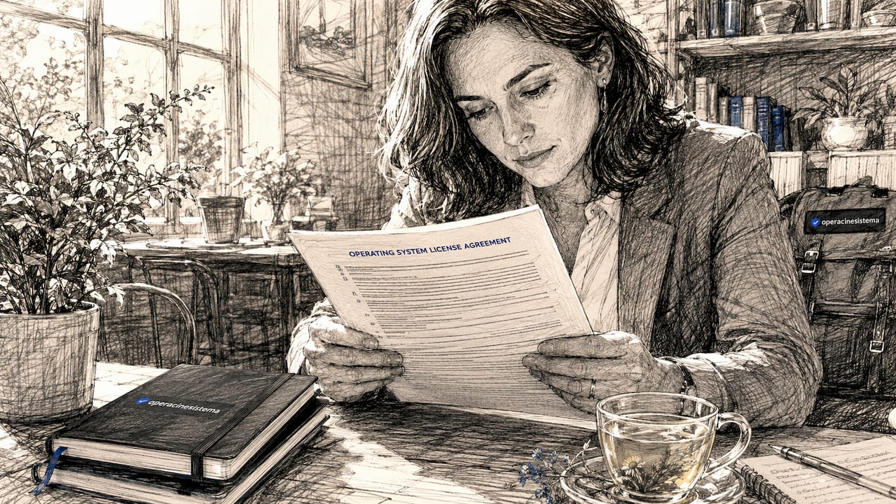 Woman reviewing OS license document at desk