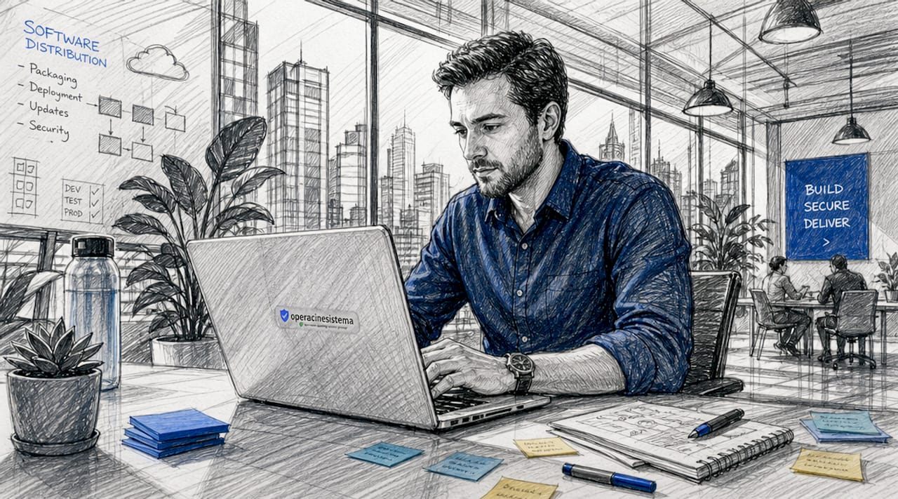 IT professional managing software distribution on laptop