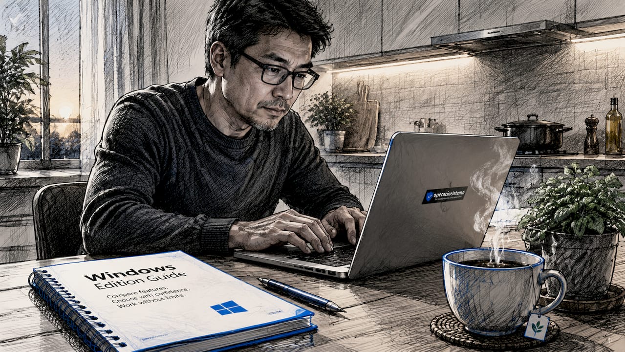 Man checking Windows edition on laptop