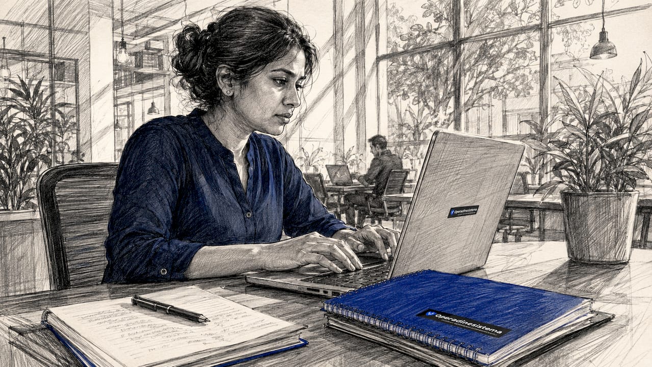 Woman working on laptop for patch management