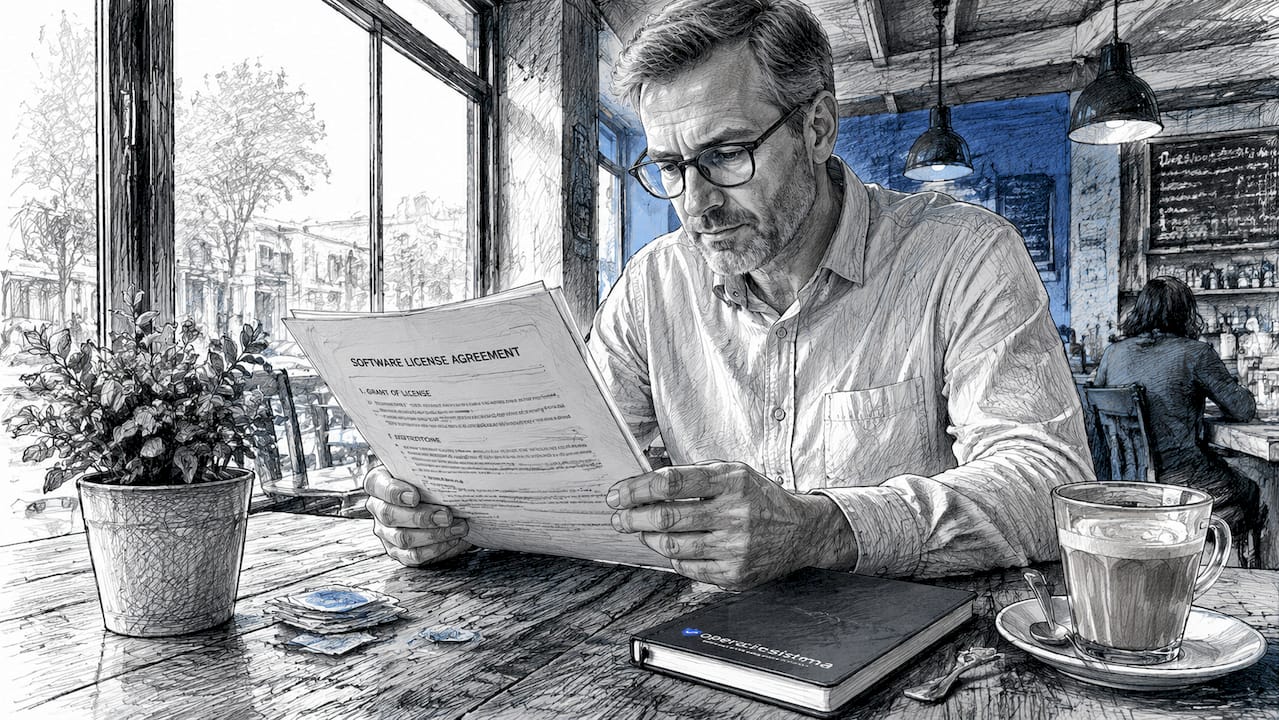 Man reviewing printed software license