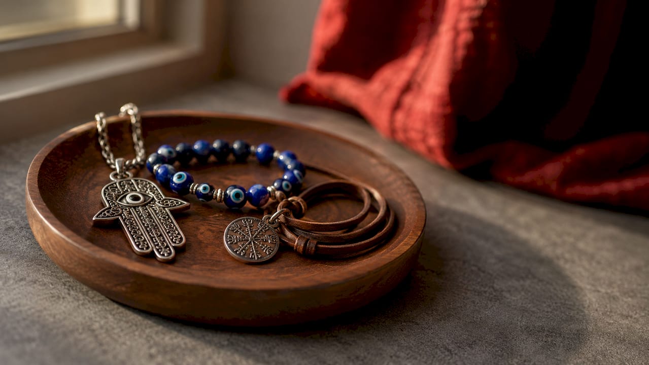 Protection symbolic jewelry amulets arranged in studio