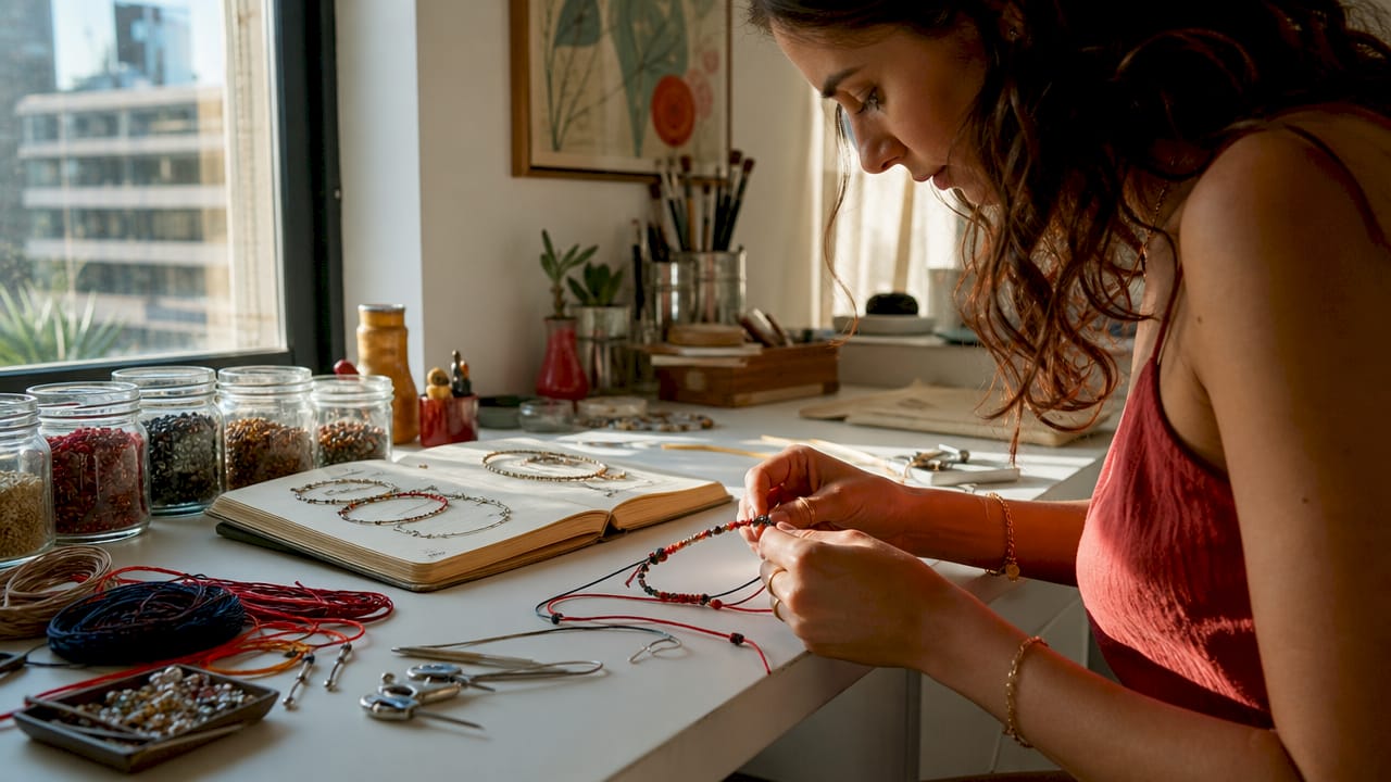 Artist working on bracelet at home desk