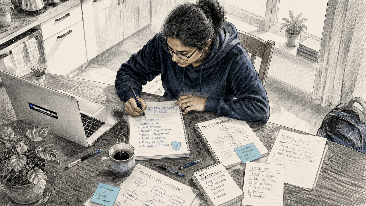 Developer writing security policies at desk