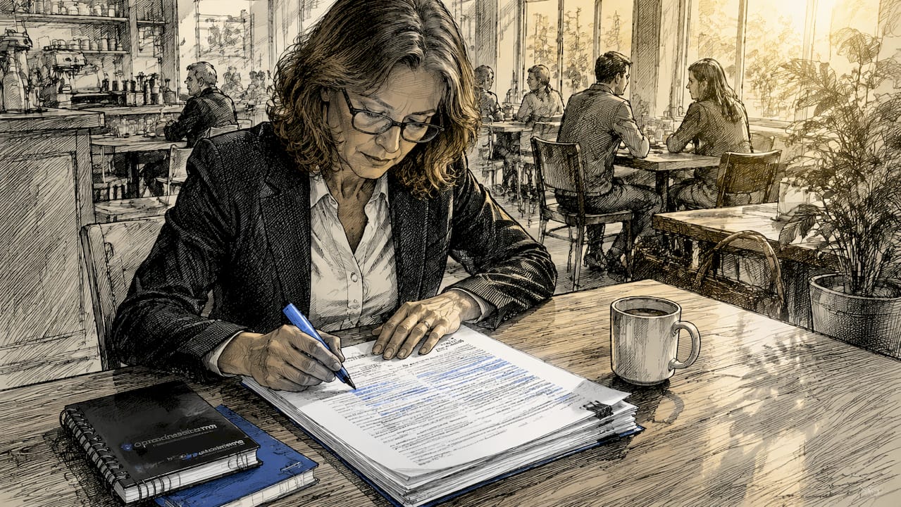 Woman reviewing software license documents in office