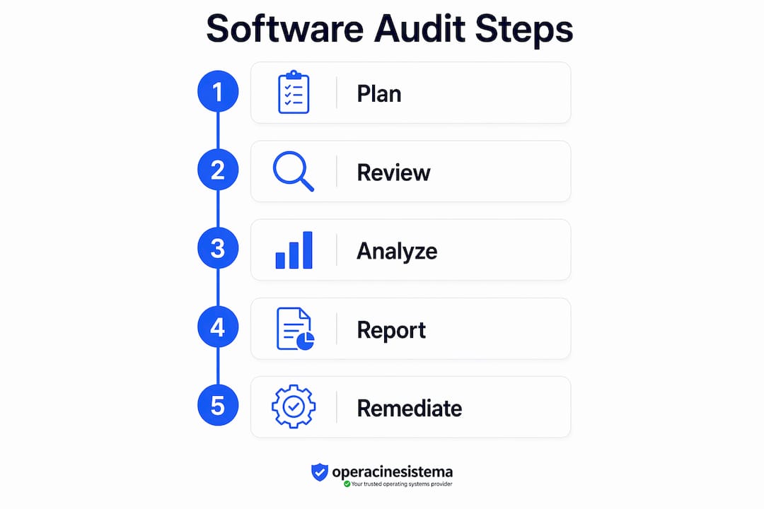 Infographic showing key software audit steps in process flow