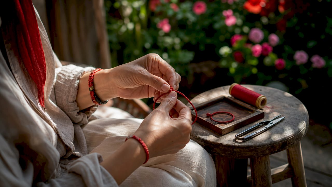 Artisan tying red string bracelet with half-hitch knots