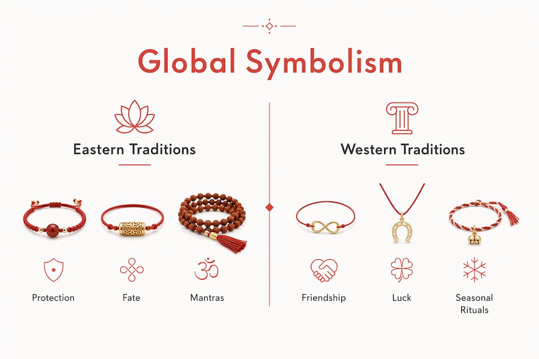 Infographic comparing Eastern and Western string bracelet meanings