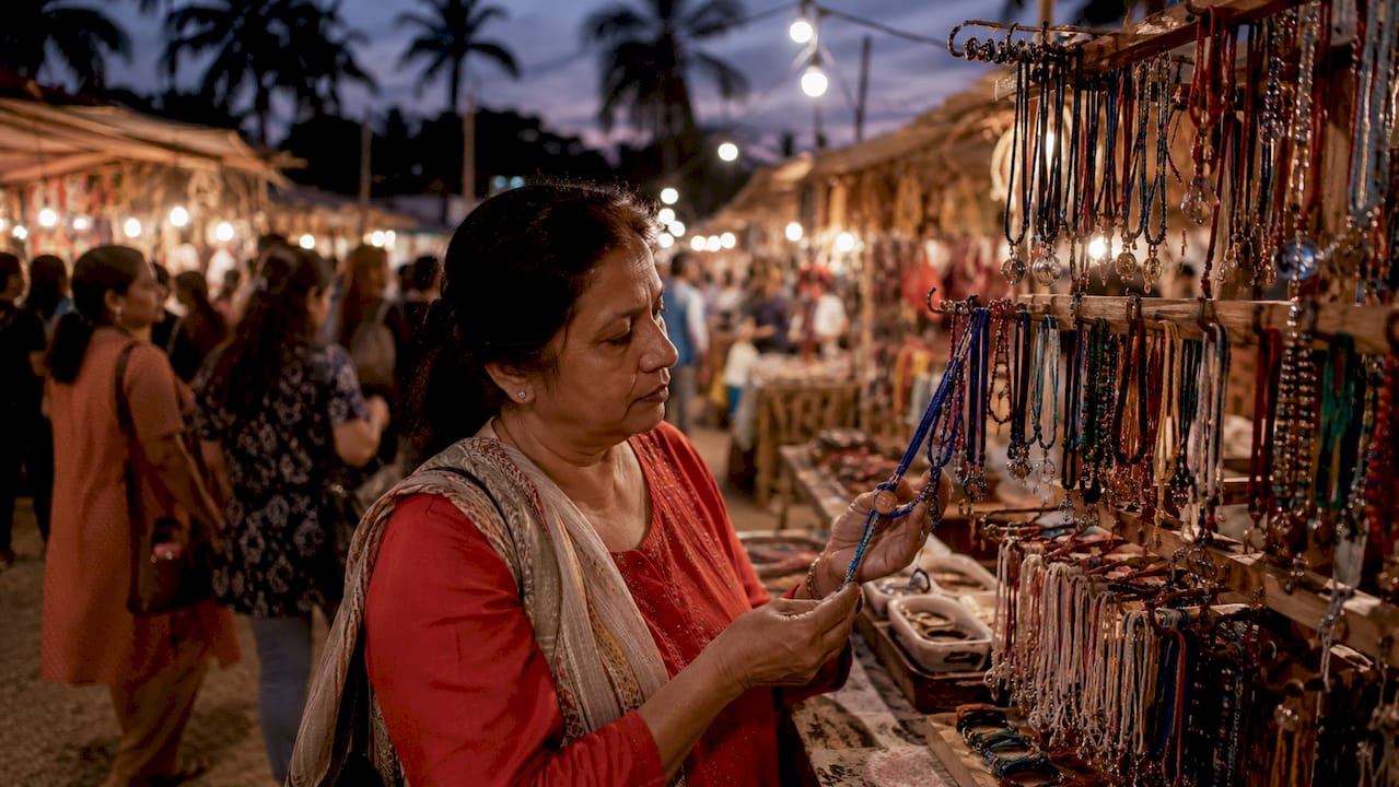 Woman choosing traditional string bracelets at outdoor market