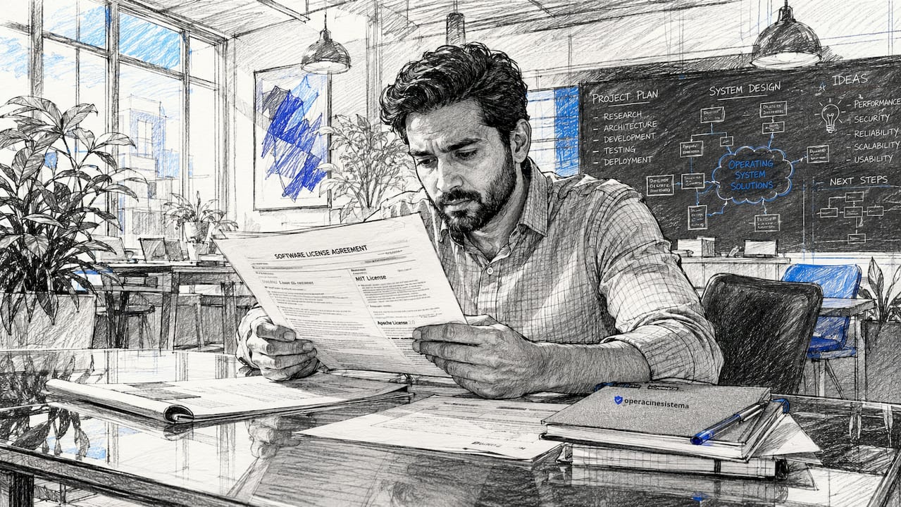 Developer reading software licenses at desk