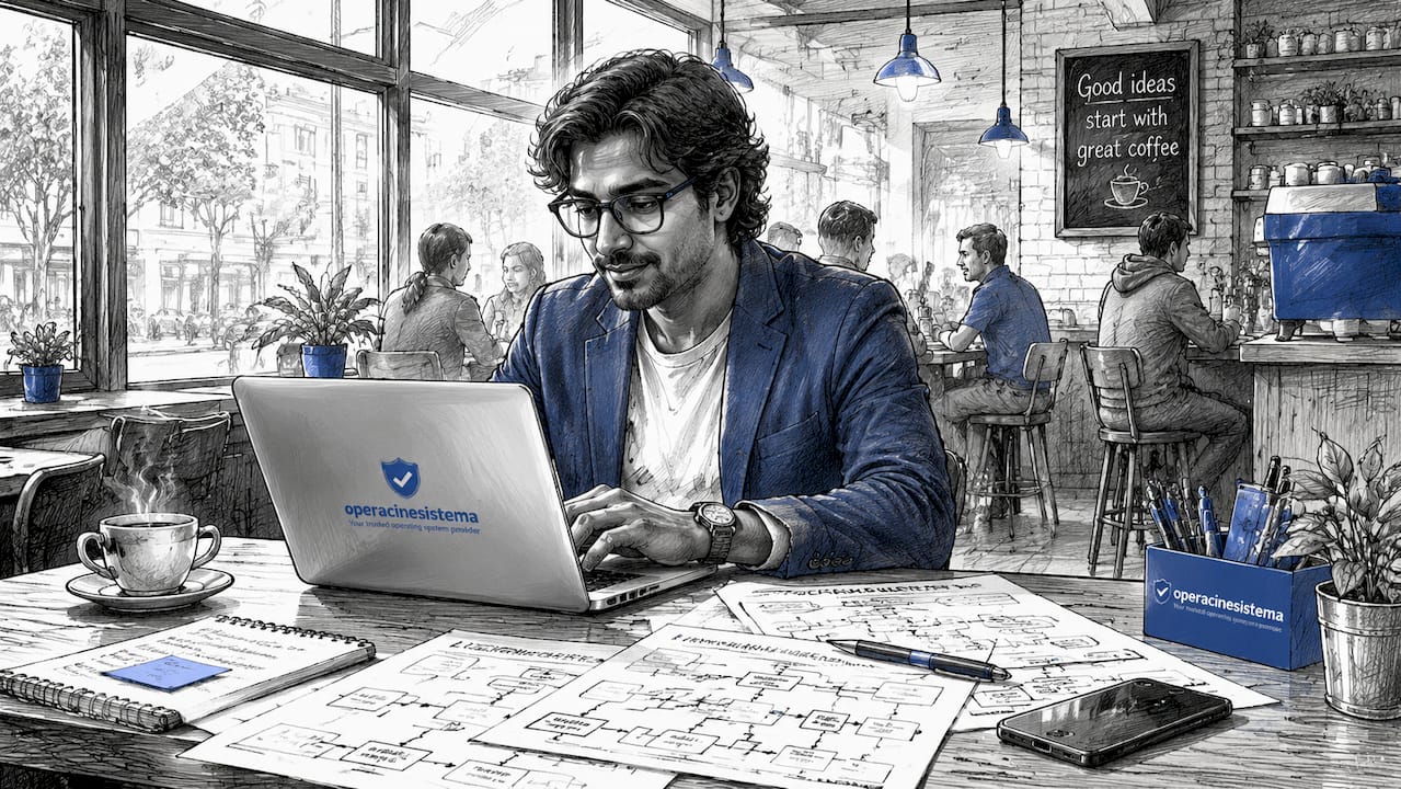 Man working on license delivery system in office