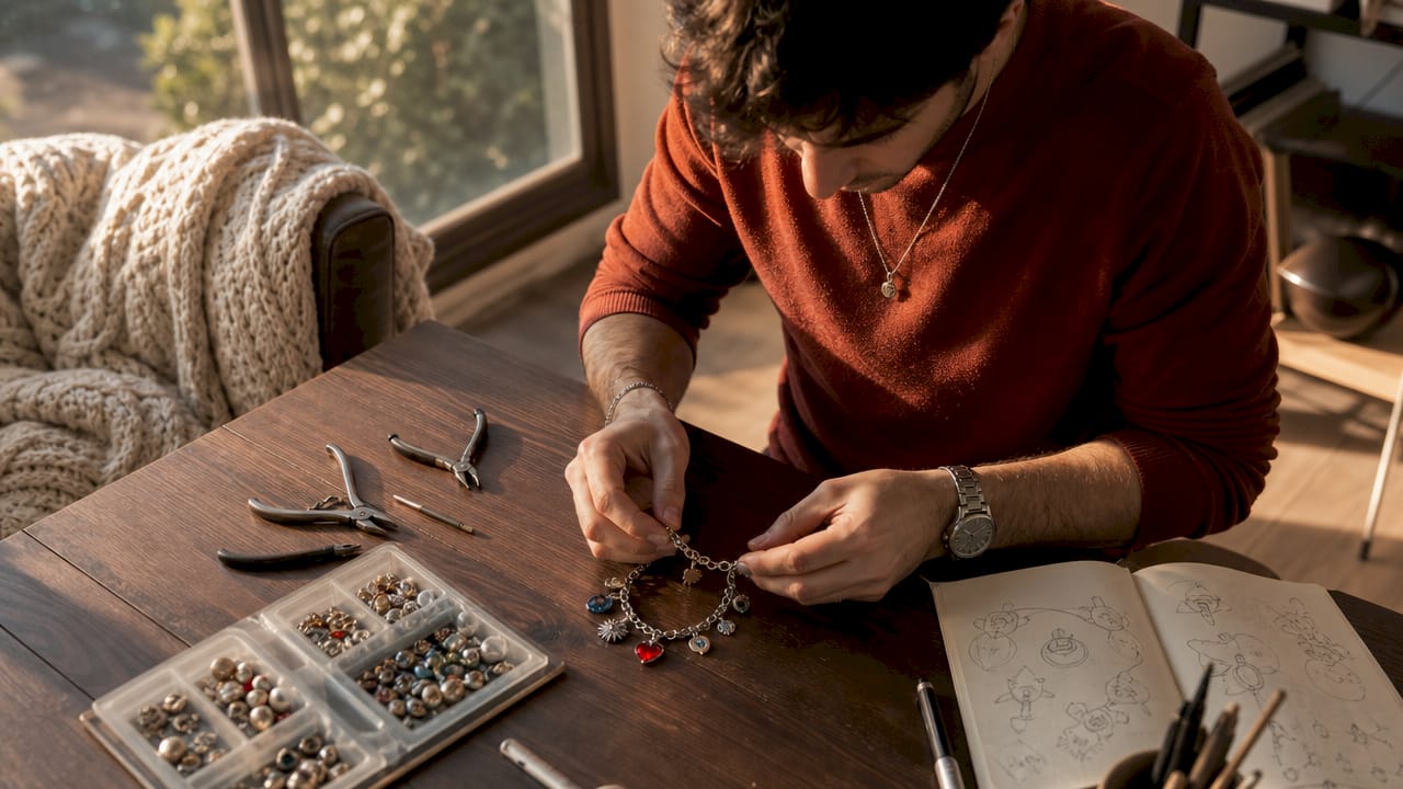 Hands customizing birthday charm bracelet