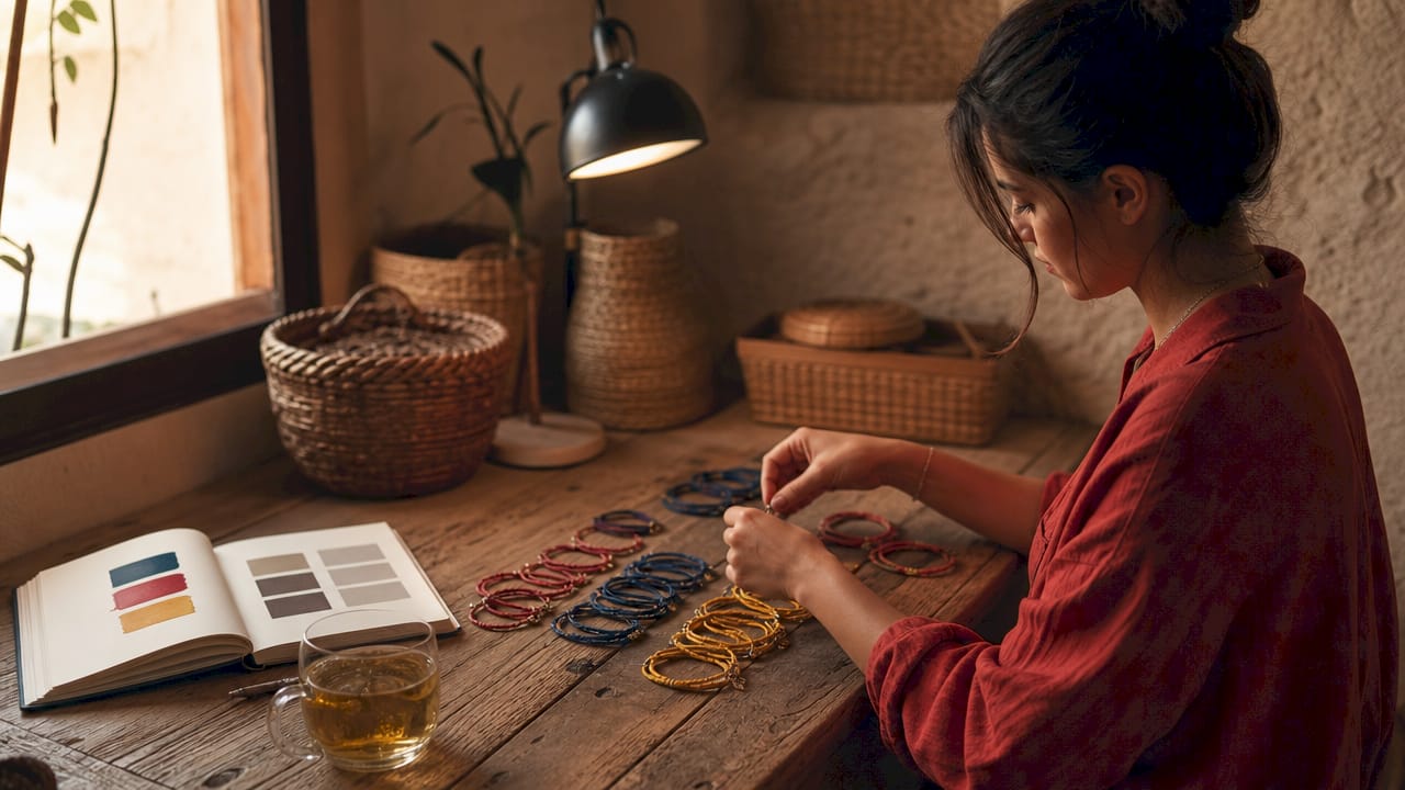 Workspace with thread bracelets arranged by color theory