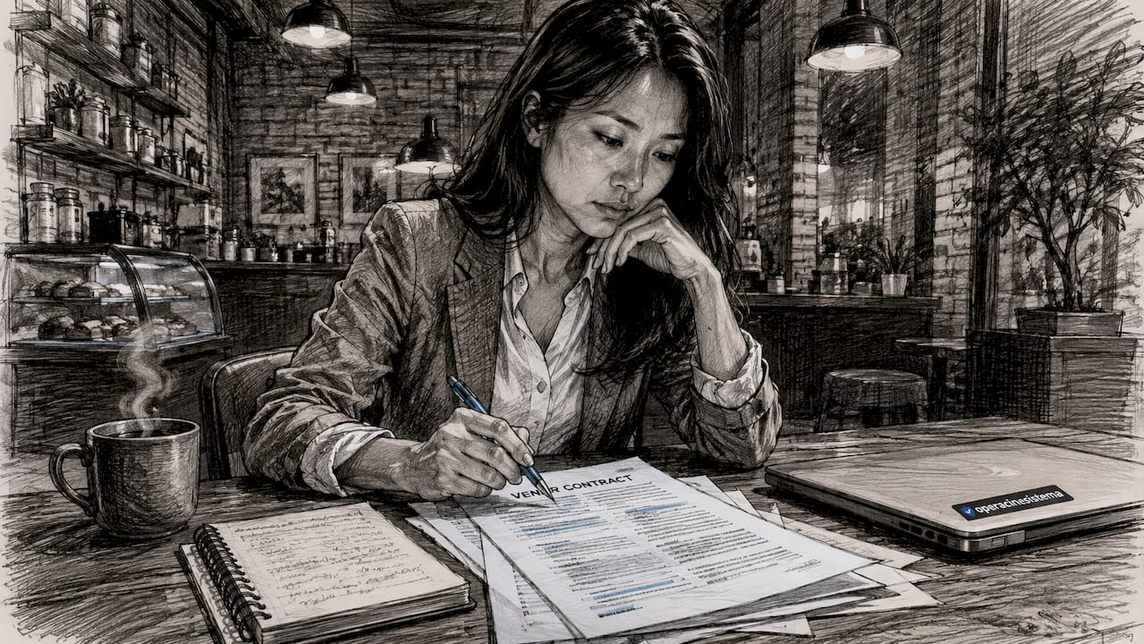 Woman reviewing vendor contracts at desk