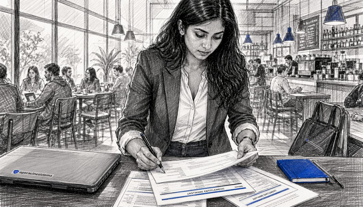 Woman reviewing software entitlement documents at desk