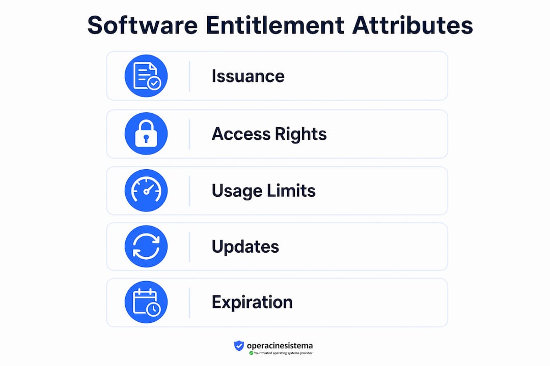 Infographic illustrating key software entitlement attributes in a flow