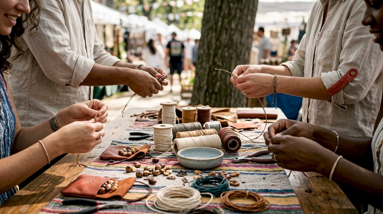 Hands weaving cord bracelets with materials