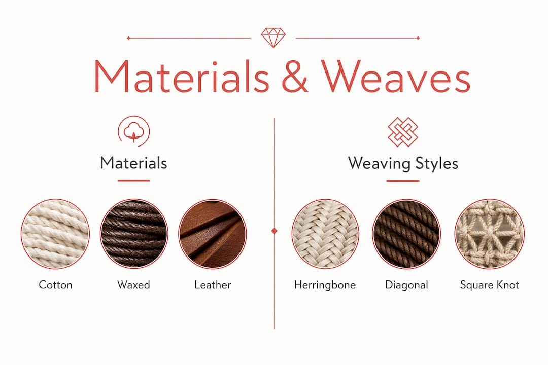 Infographic comparing cord bracelet materials and weaving styles