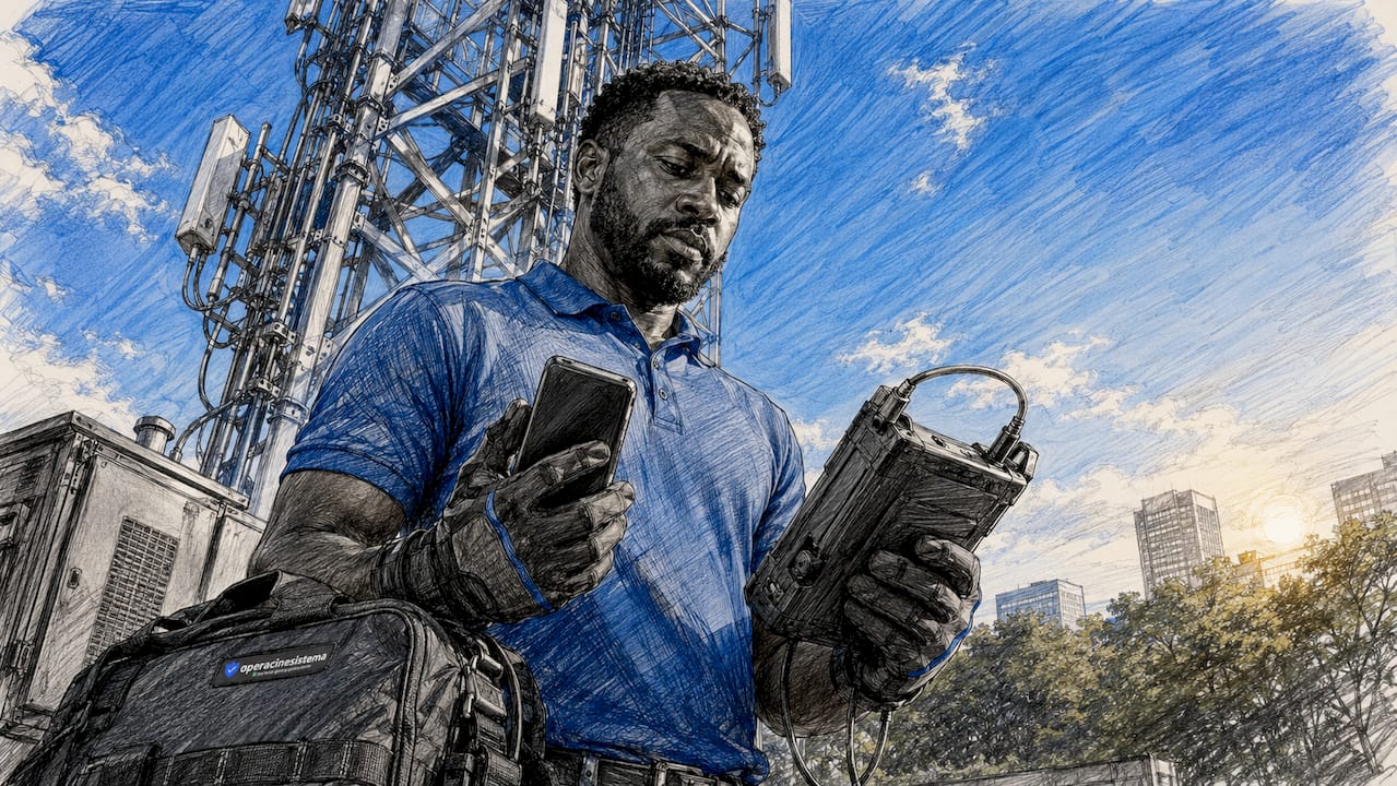 Technician testing mobile hardware compatibility