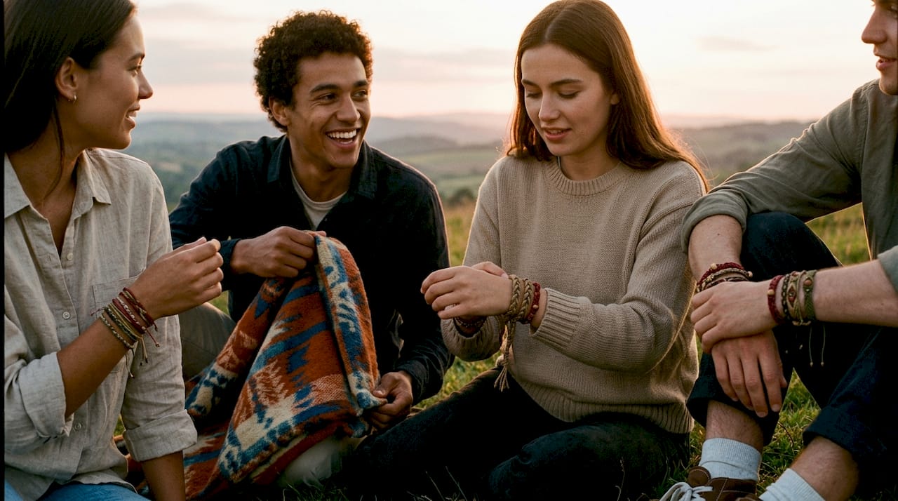 Close-up of diverse wrists wearing colorful string bracelets