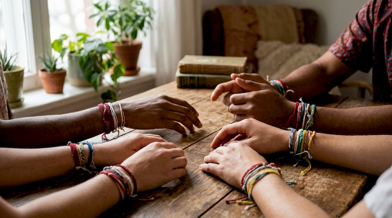 Close-up of wrists wearing colorful string bracelets