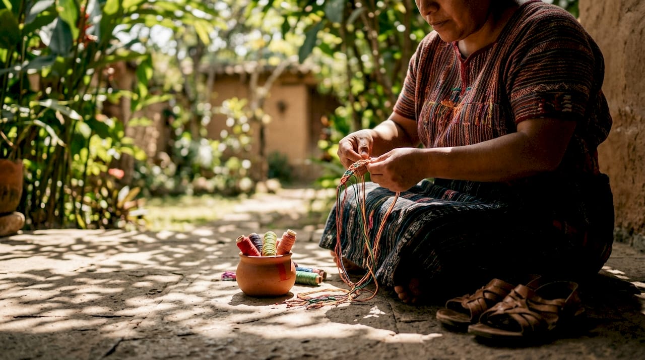 Mayan artisan tying traditional friendship bracelet knots