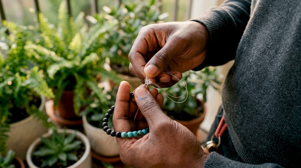 Hands tying double surgeon's knot on bracelet cord