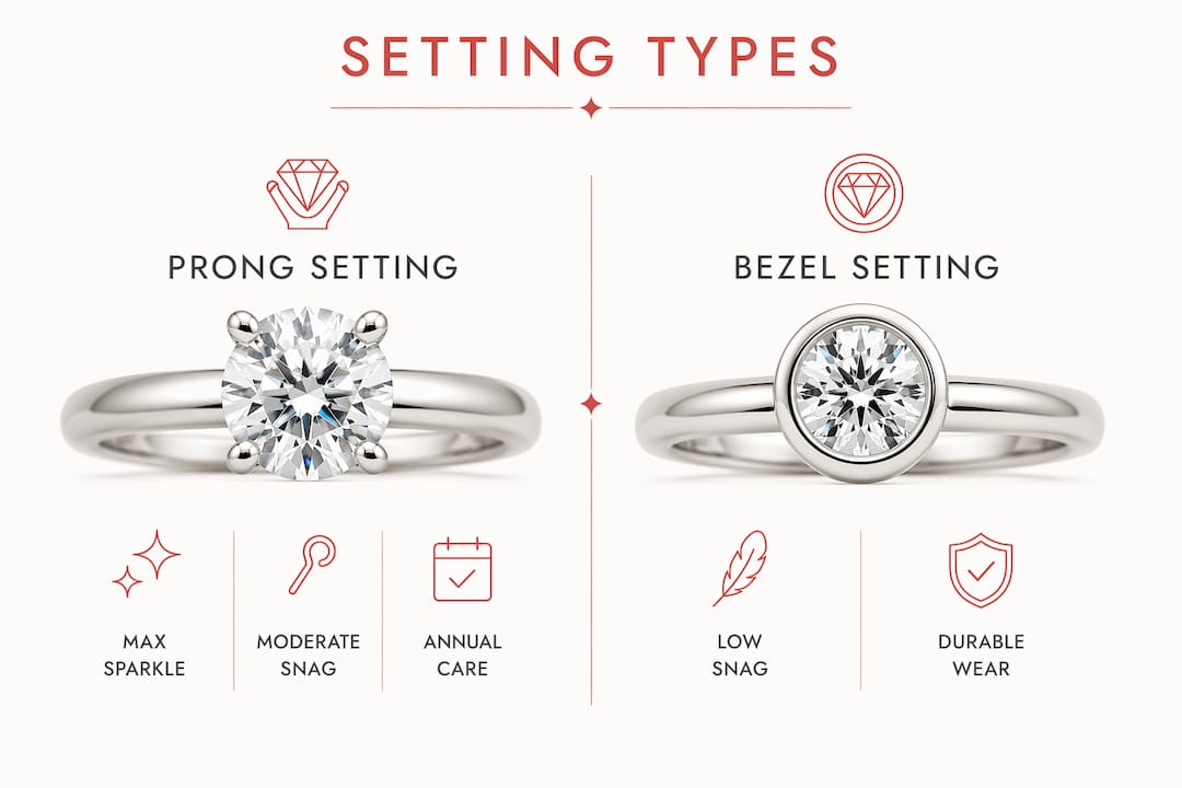 Infographic comparing prong and bezel settings