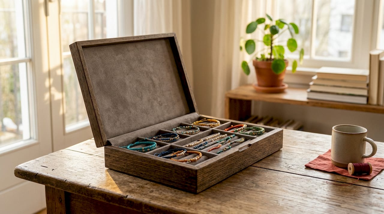 Neatly stored string bracelets in jewelry box