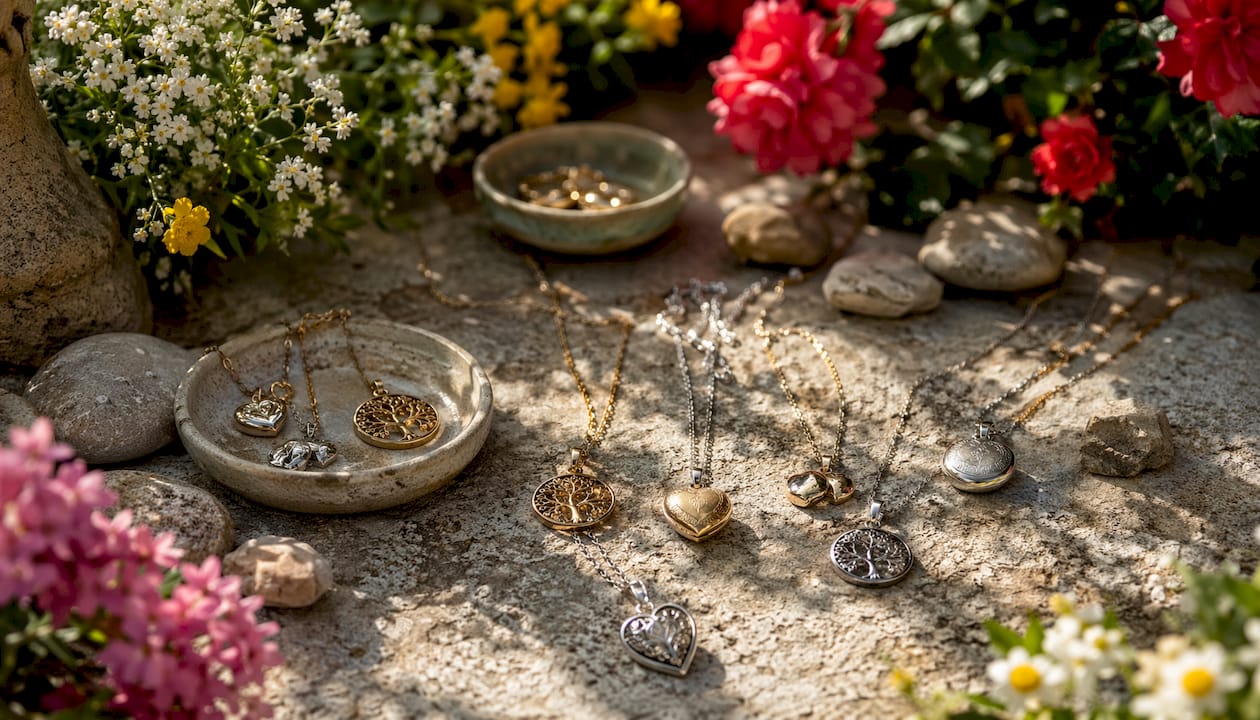 Close-up of meaningful artisan jewelry on table