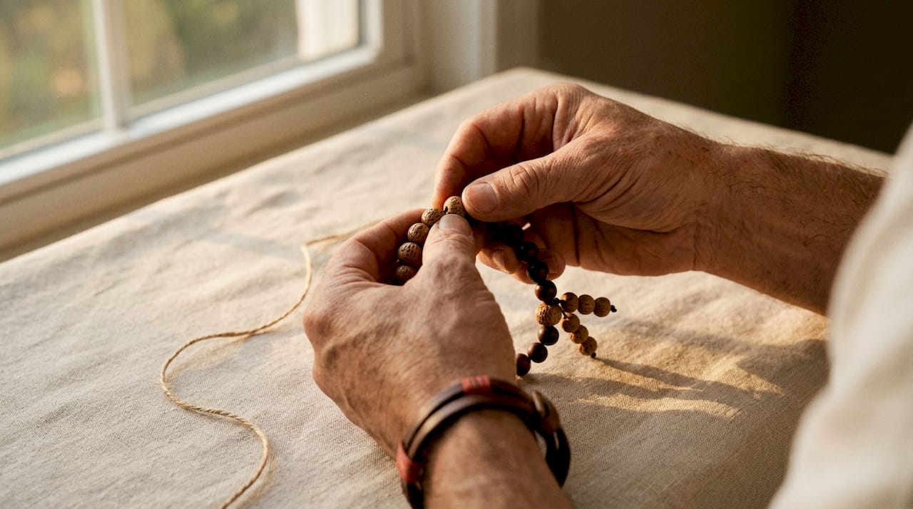 Hands crafting Buddhist bead bracelet