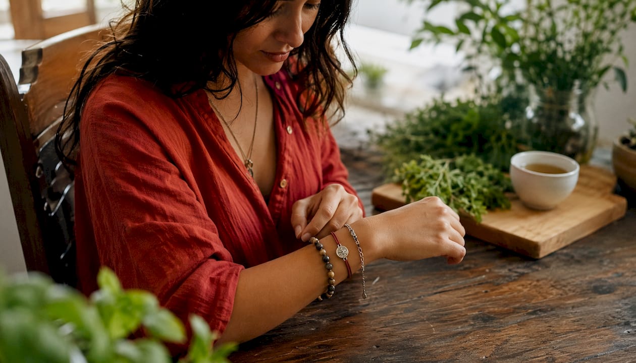 Woman layering stacked talisman bracelets on wrist