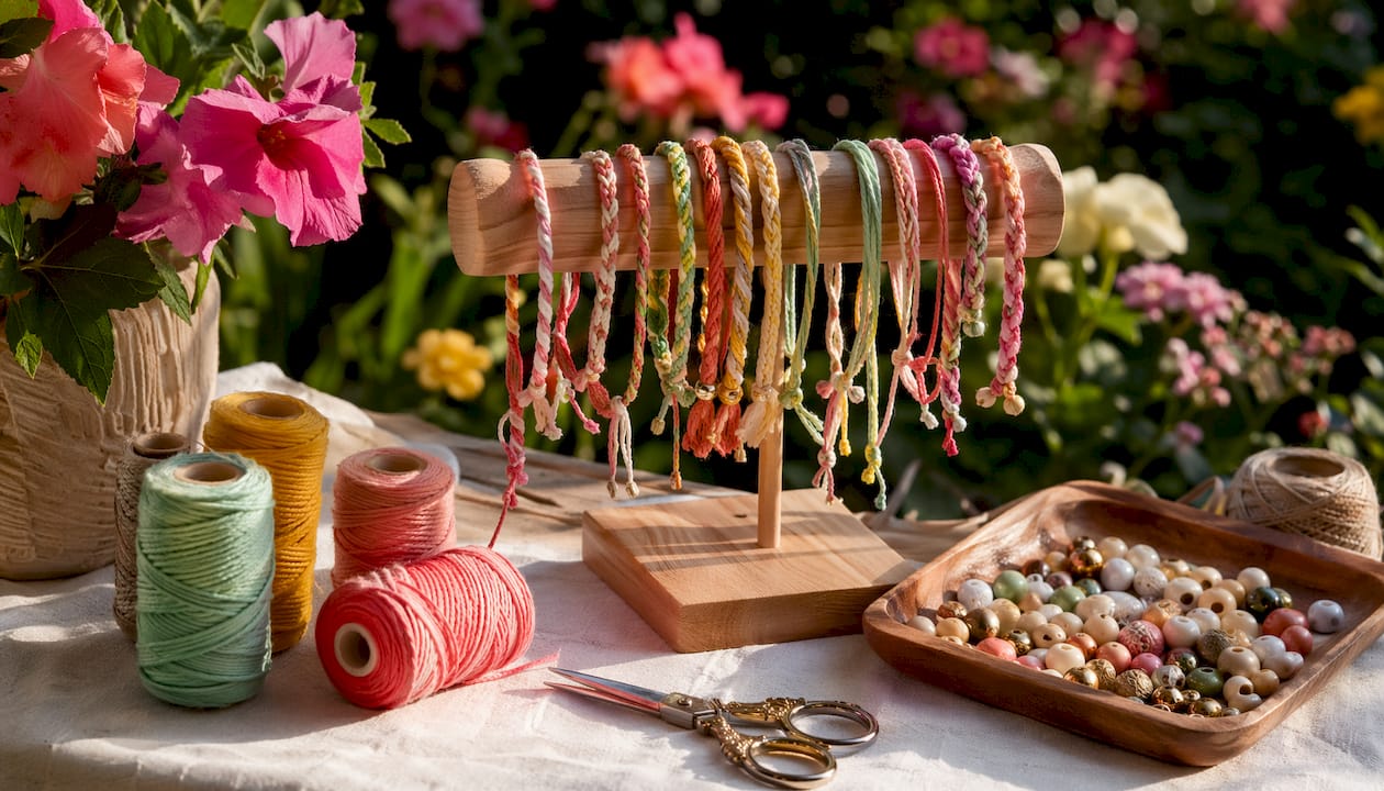 Variety of colorful friendship bracelets on wooden table