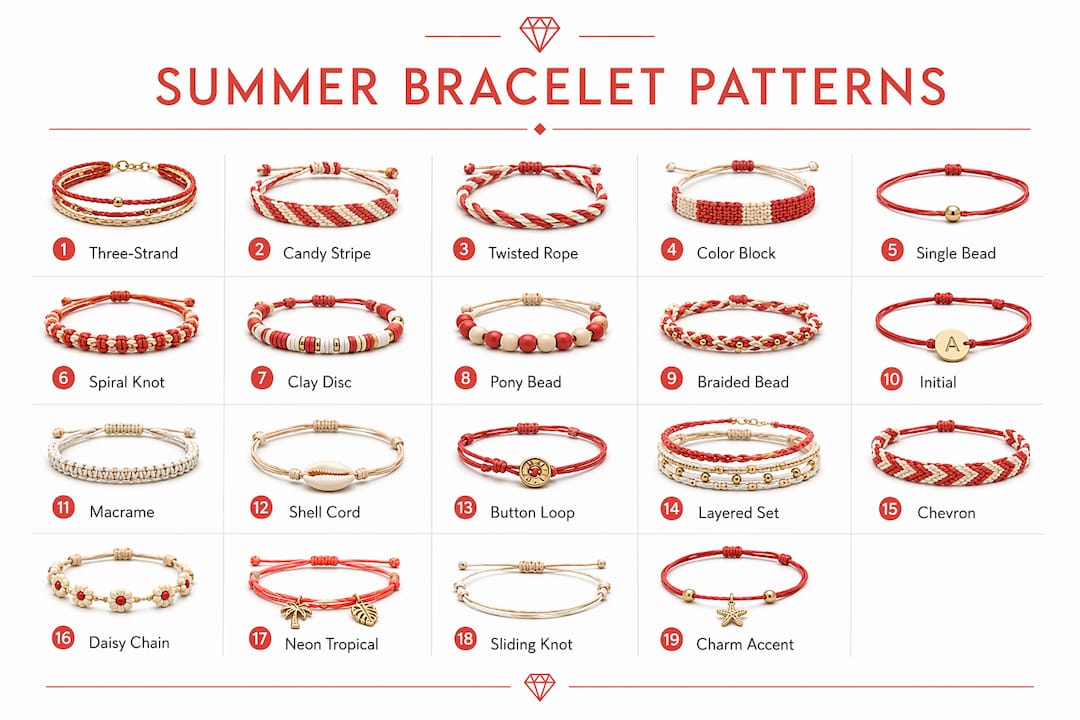 Infographic showing easy summer bracelet patterns