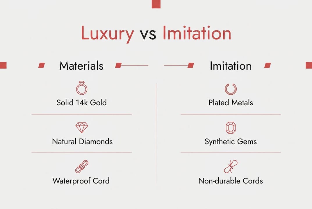 Infographic comparing luxury and imitation string bracelet features