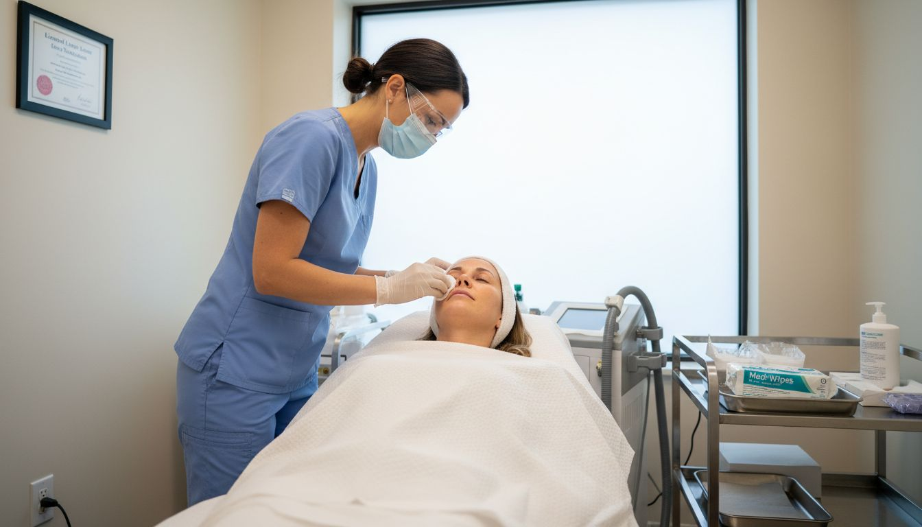 Technician preparing face for laser treatment