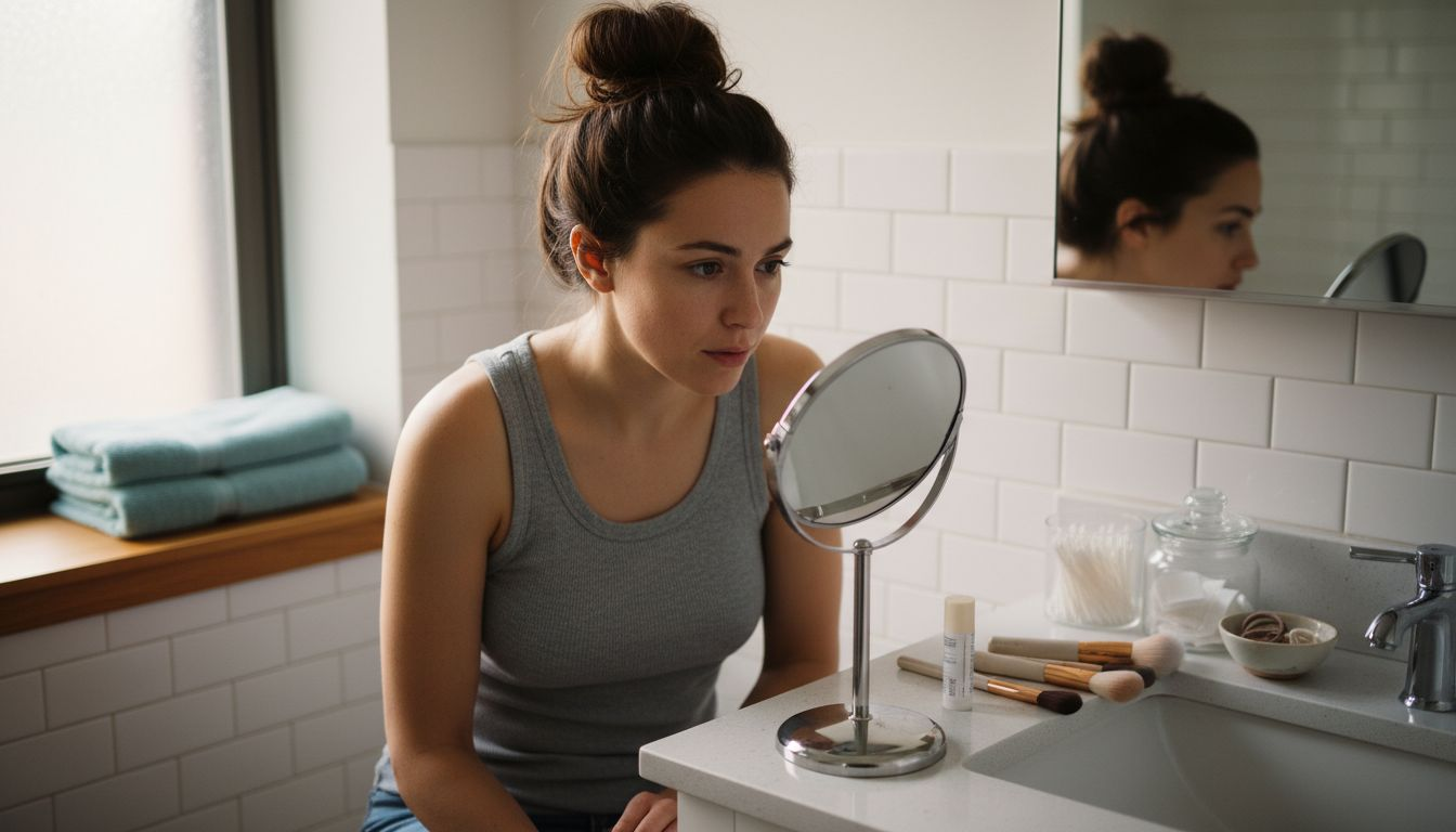 Woman checking facial hair in mirror