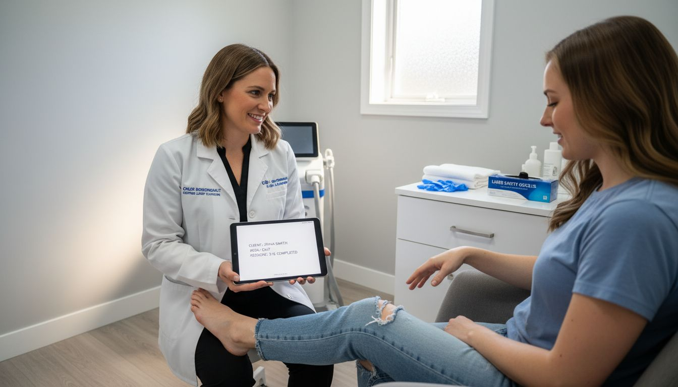 Laser technician consulting client in clinic room