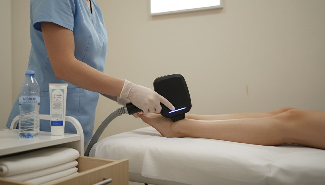 Laser handpiece applied during leg treatment