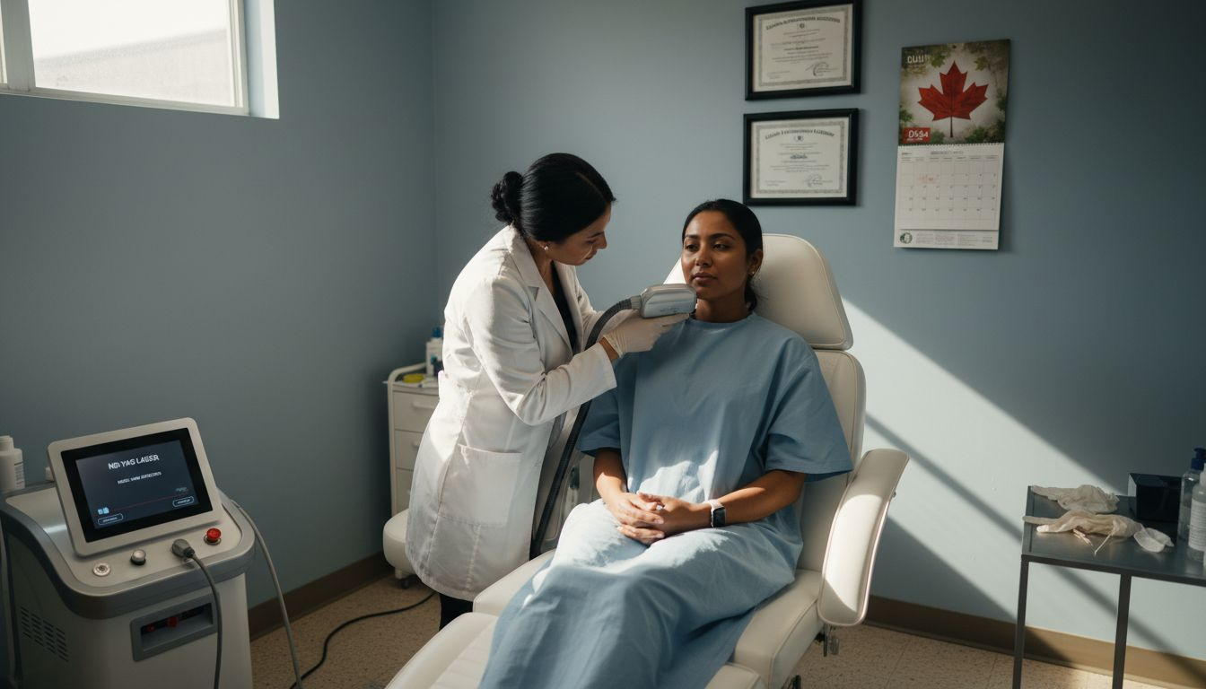 Laser technician treating dark skin patient