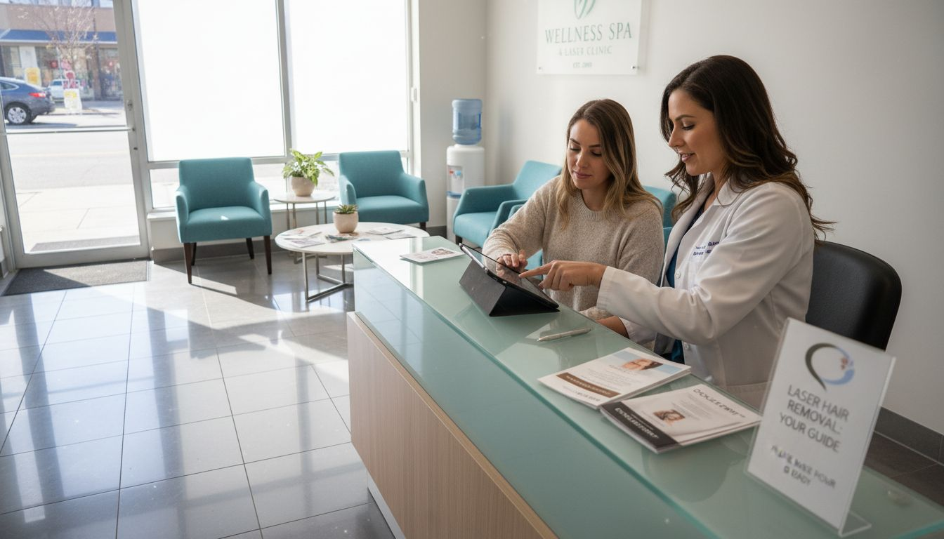 Client consulting at laser hair removal clinic reception