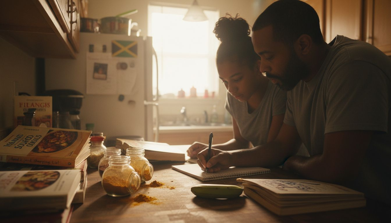 Family making Caribbean grocery list in kitchen